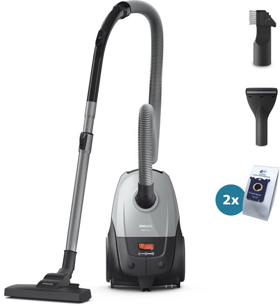 Philips 2000-Serie Stofzuiger met Zak - 800 W - Compact & Lichtgewicht - HEPA-filtersysteem - 9 meter bereik - Meubelmondstuk - Inclusief S-Bags - (XD2142/12)