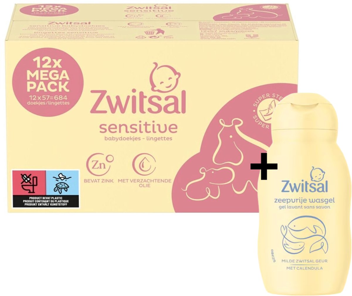 Zwitsal Billendoekjes - Sensitive - 12 x 57 stuks - Voordeelverpakking - Inclusfief Zeepvrije Wasgel