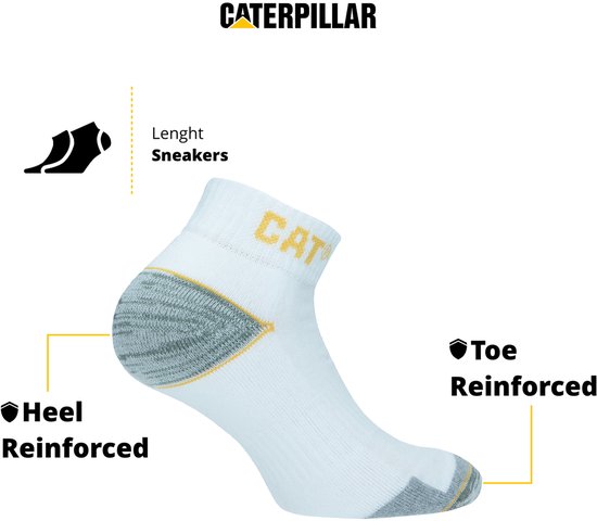 Witte enkelsok met "CAT" logo, versterkte hiel en teen, voor gebruik met veiligheidsschoenen.