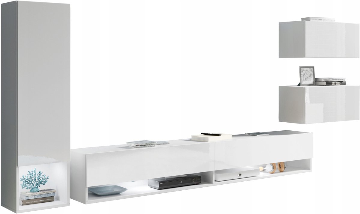 Milo - Woonkamer Set - Wandmeubel met LED - 4-delig - Zwevend - Hoogglans Wit & Mat Wit