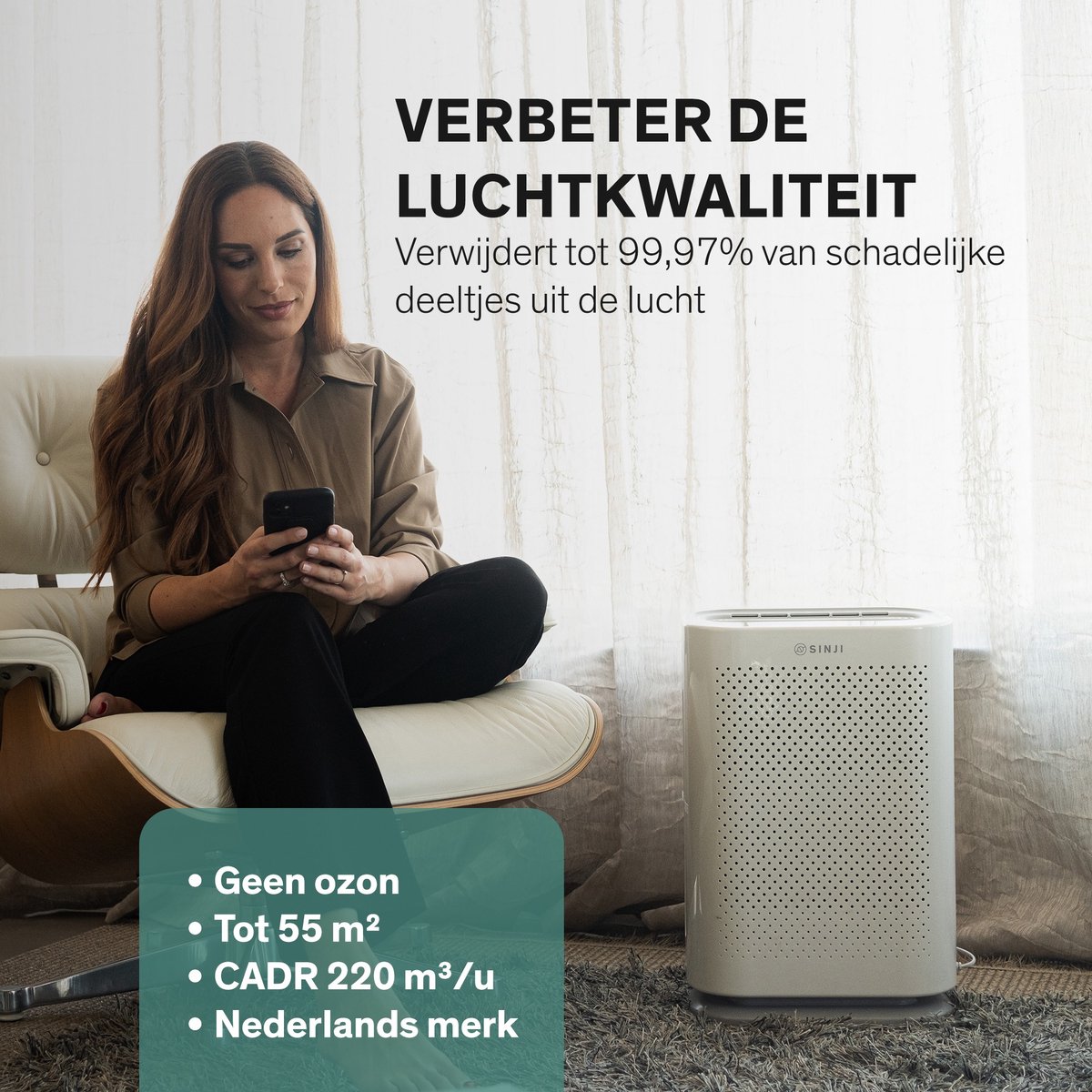 Sinji Luchtreiniger / Air Purifier – HEPA H13 + Koolstoffilter – 220 m³/u, voor ruimtes tot ca. 55 m² – Ionisatie – Afstandsbediening – Timer & Display – Helpt bij stof, pollen & huisstofmijt — afbeelding 7