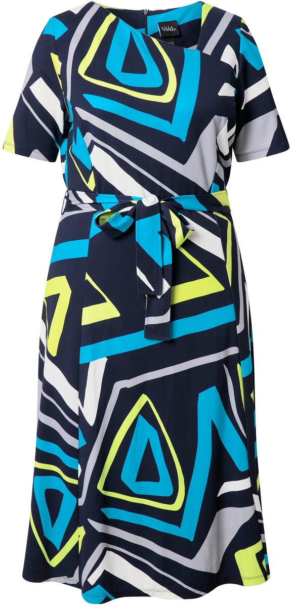 Ulla Popken - Dames - Midi-jurk grafische print V-hals korte mouwen - Marine - Maat 46+
