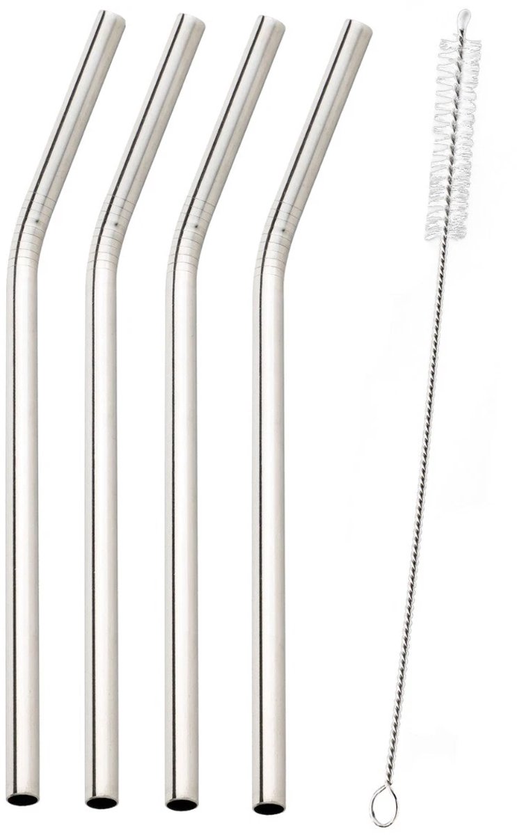 RVS Rietjes | Set van 4 | Herbruikbare Gebogen Rietjes | 21 cm | Inclusief Schoonmaakborstel | Duurzaam & BPA-vrij