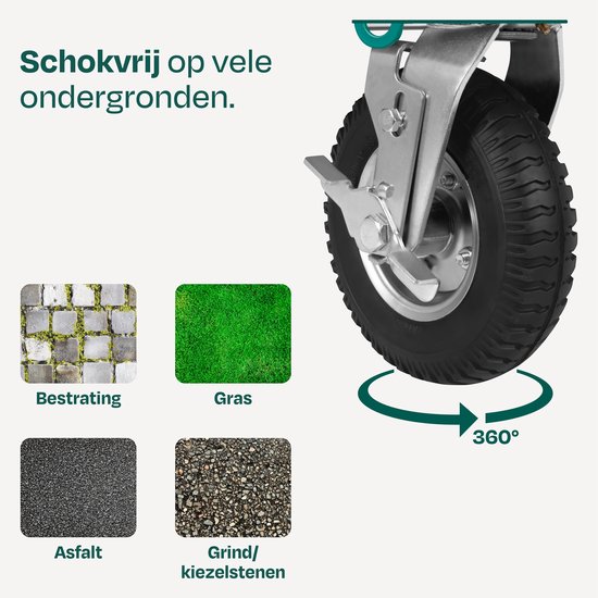 Detail van de luchtwiel van de plateauwagen, met illustraties van bestrating, gras, asfalt en grind/kiezelstenen.