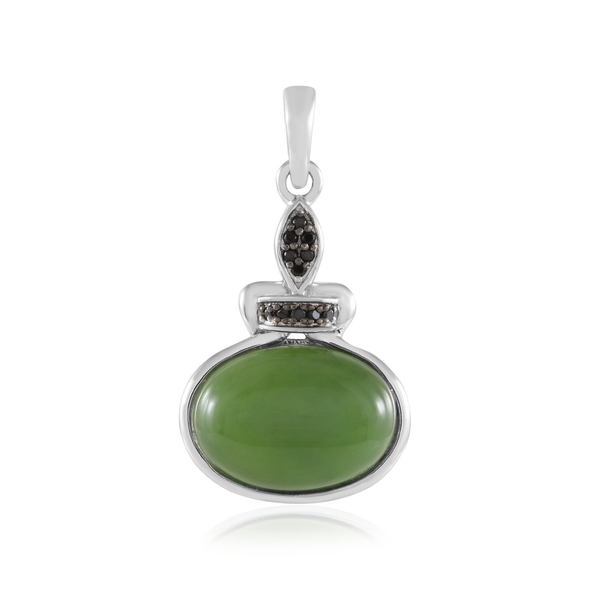 Cavill - Zilveren Hanger - 925 Sterling Zilver Geplatineerd - Canadese Jade Ovaal Cabochon 5 37 ct - Zwarte Spinel Accenten - Luxe Hanger 28x16 mm