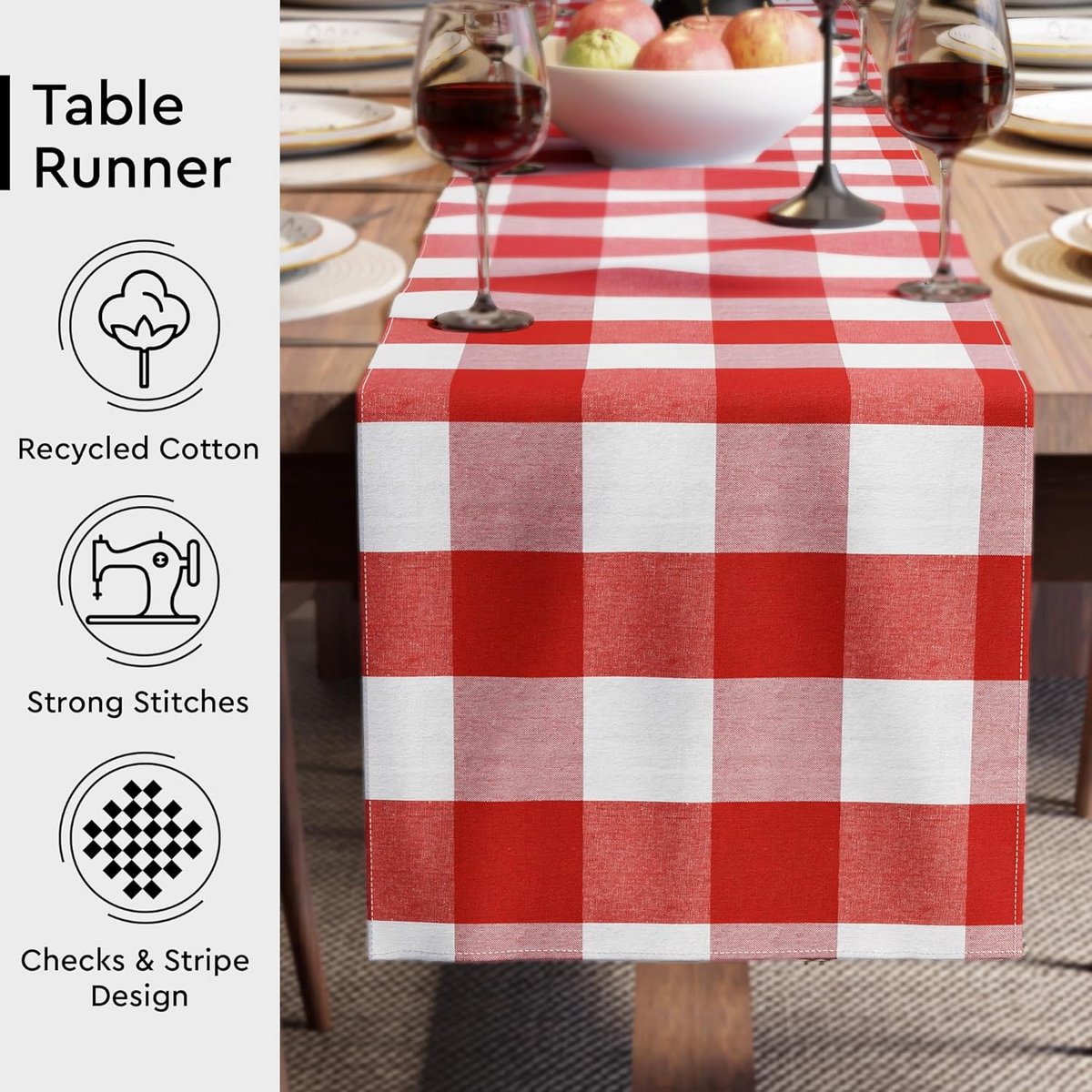 Katoenen Tafel Loper Ruitjes Patroon Duurzaam en Wasbaar