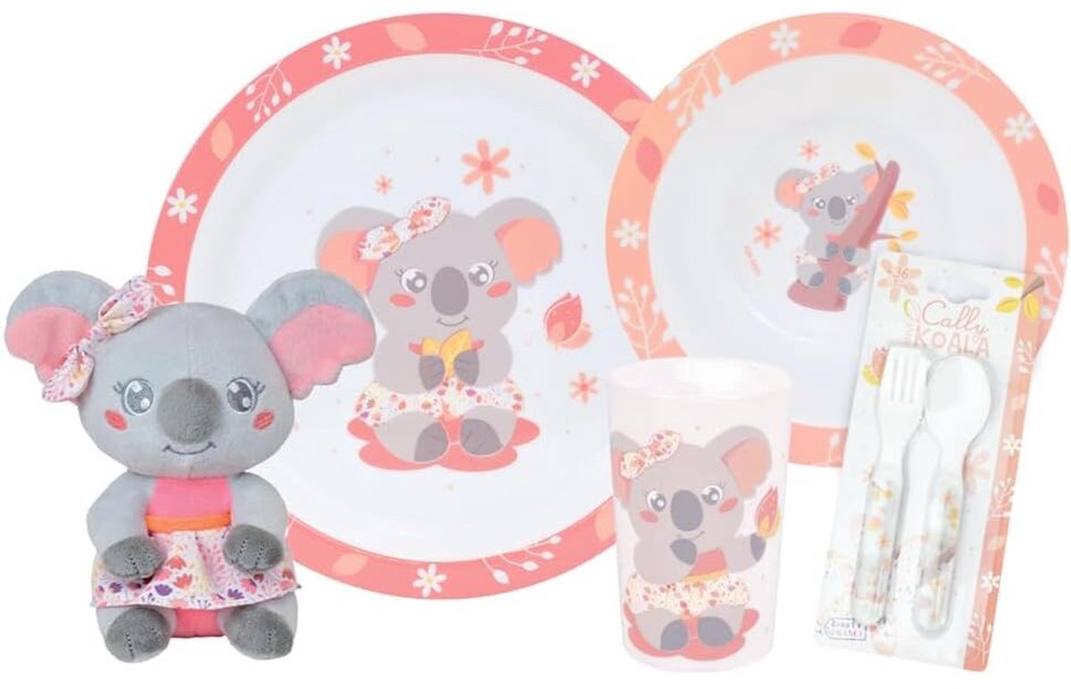Servies: glas, bord, soepbord, 2 couverts en een kinderknuffel Fun House Mimi Koala