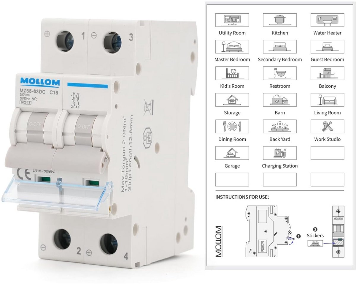 2-polige DC Miniatuur Stroomonderbreker 16A C16 voor Zonne-PV Systemen