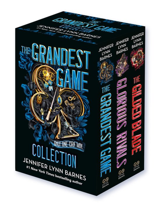 Boxset met drie boeken: The Grandest Game, The Glorious Rivals en The Gilded Blade. De voorkant toont een sierlijk zwarte doos met blauwe bloemen en gouden ornamenten, waaronder een klaveren-symbool.
