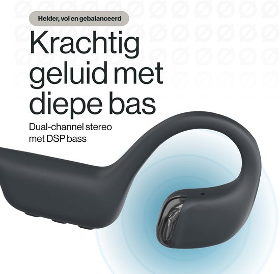 Gedetailleerde close-up van een grijs REBØNE OpenPulse BEAM oordopje, met geluidsgolven die de diepe bas suggereren. Krachtig geluid met diepe bas.
