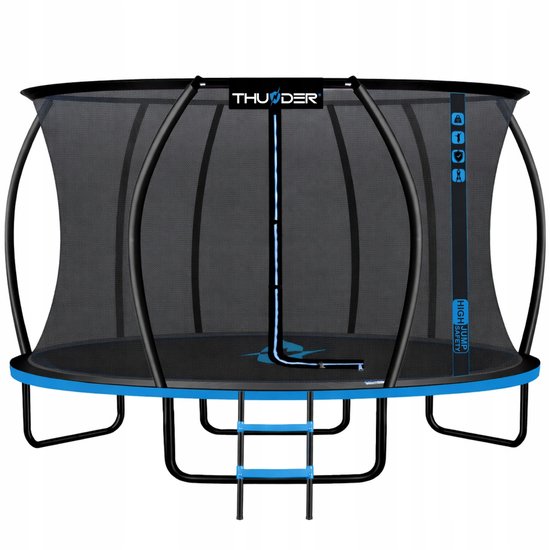 Trampoline THUNDER® | ULTRA 12FT BLUE | Ø366cm | Ronde Trampoline voor Kinderen en Volwassenen | Max. 150 kg | Complete Set | Stevig Frame - Met trapje |