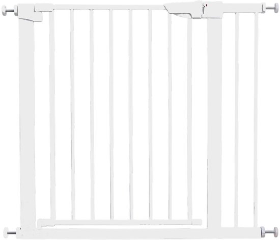 Barrière d'escalier métallique blanche avec barreaux verticaux et fixation par serrage.