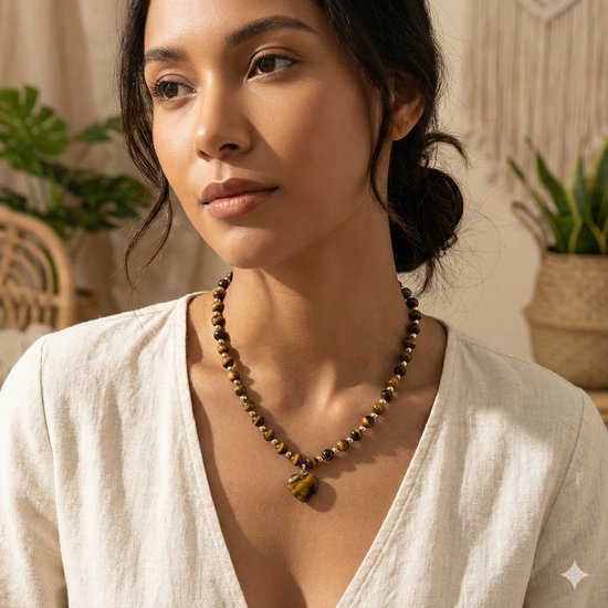 Model draagt een bruin-zwarte kralenketting met een hartvormige tijgeroog hanger en gouden accenten.
