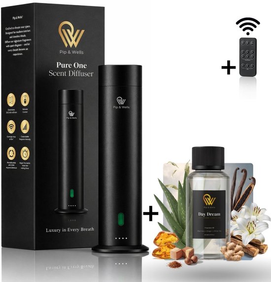 Pip & Wells® Pure One – Aroma Diffuser – Waterloze Geurverspreider – Etherische Olie – Day Dream 120 ml – Mat Zwart – Inclusief Afstandsbediening & Oplader