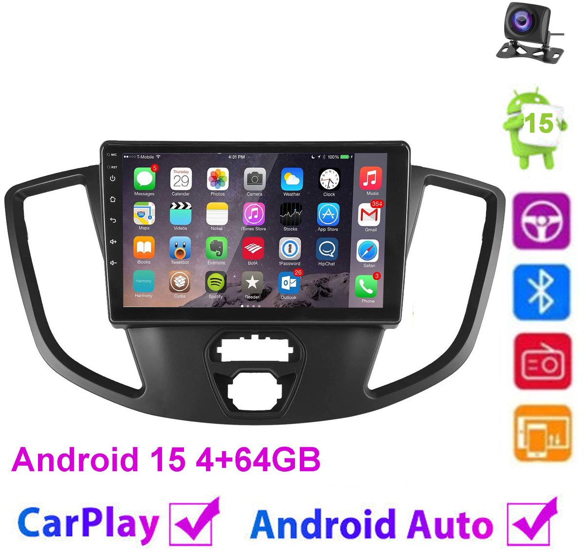 ESSGOO CarPlay autoradio geschikt voor Ford Transit 150 250 350 (2015-2019) - 9 inch Android 15 - 4 + 64 GB - Draadloos Apple CarPlay en Android Auto - WIFI Bluetooth RDS MP5 - Radio met navigatie - Met Achteruitrijcamera