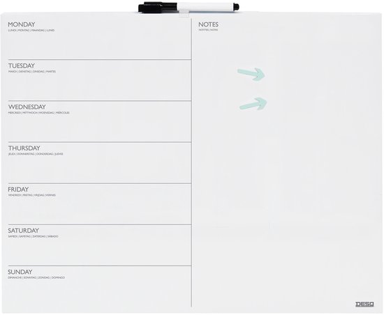 Wit whiteboard met weekindeling en notitiegedeelte, met magnetische pen bovenop.