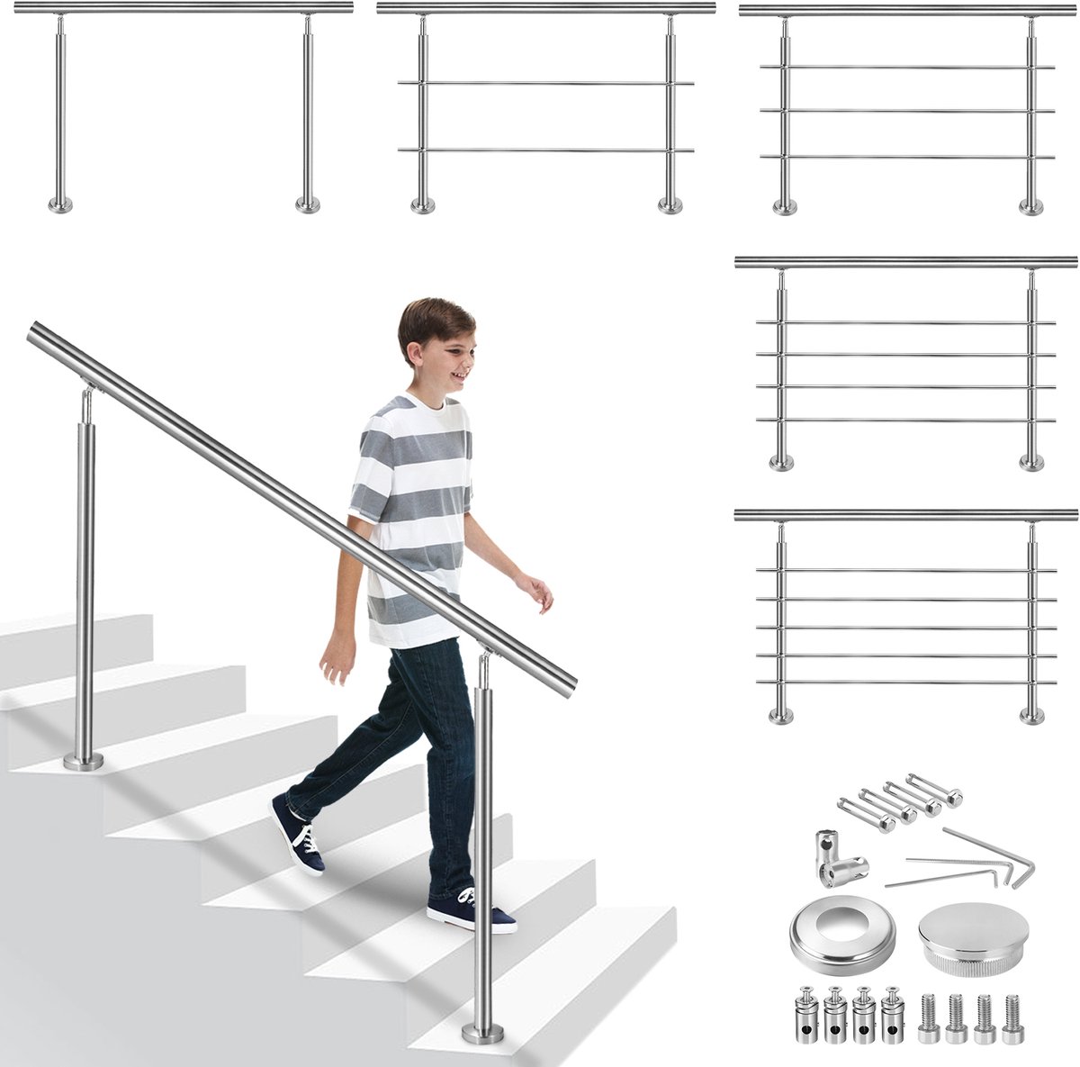 ACXIN RVS Trapleuning Traphek Balustrade 180cm - 2 Dwarsstange - voor Trap Balkon