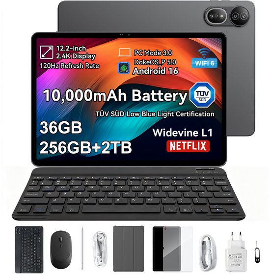 Blackview MEGA 12 - Tablet - Gaming Tablet - Android 16 - 12.2 inch - 36GB RAM - 256GB ROM - 5G Tablet - 10000mAh - Grijs