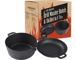 Grill Master Dutch Oven en Skillet in 1 - Pan Gietijzer - Dutch oven Gietijzer met deksel - Braadpan - 2 in 1 Set - 20CM - Papa Cadeau Voor Mannen - Vaderdag