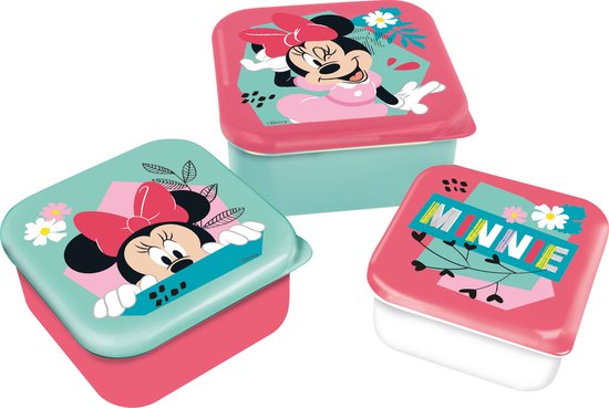 Set van 3 roze en turquoise Minnie Mouse lunchtrommels met bloemen en planten. Twee trommels met Minnie's gezicht, één met 'MINNIE'.