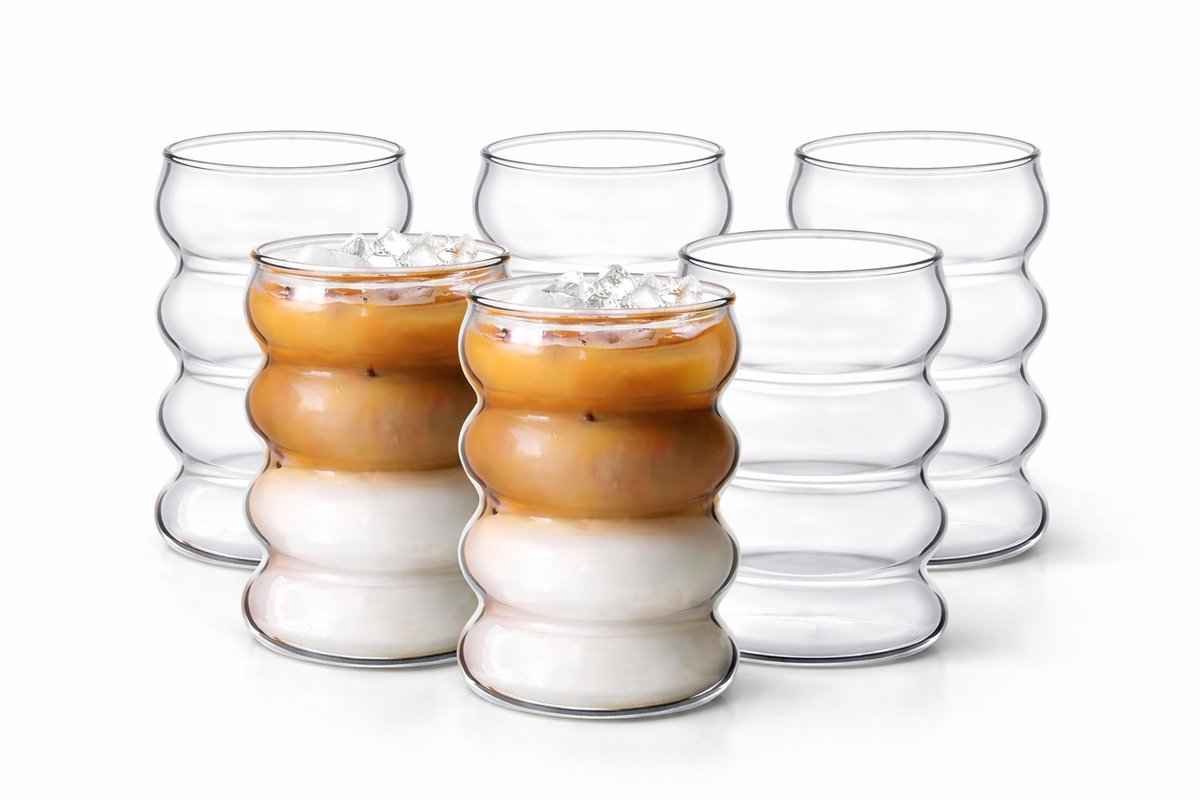 Glozini Wavy Bubbelglazen - 530ml - Set van 6 - Geribbelde Glazen - Bubble Glas - Esthetische Cocktailglazen