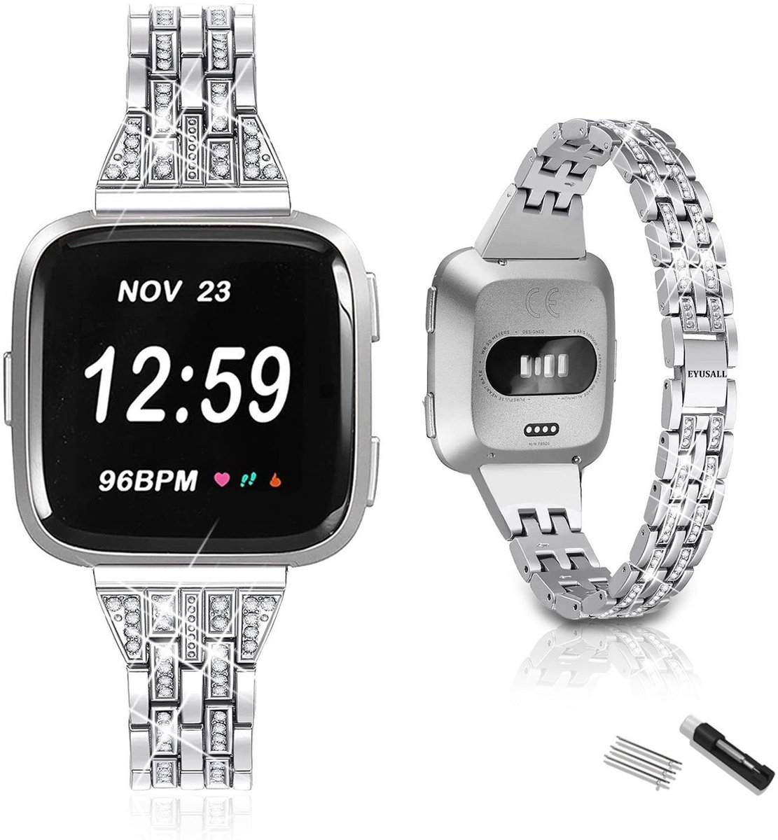EYUSALL Metalen Horlogeband - Voor Fitbit Versa/2/Lite/SE - Zilverkleurig - Met Steentjes - Vijf-rijig
