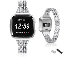 EYUSALL Metalen Horlogeband - Voor Fitbit Versa/2/Lite/SE - Zilverkleurig - Met Steentjes - Vijf-rijig