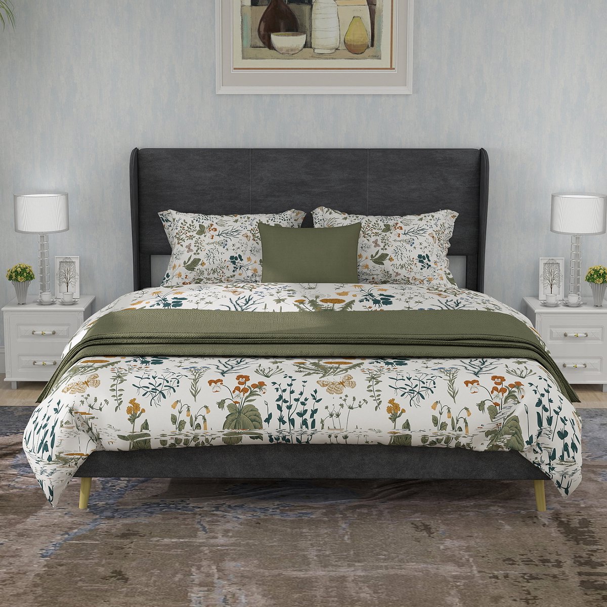 Wishdor Gestoffeerd Bedframe – 140 x 200 cm – Zacht Hoofdbord – Laag Bed – Stof en Metaal Grijs – Hollands Fluweel – Duurzame Constructie – Eenvoudige Montage – Stijlvol voor Moderne Slaapkamer