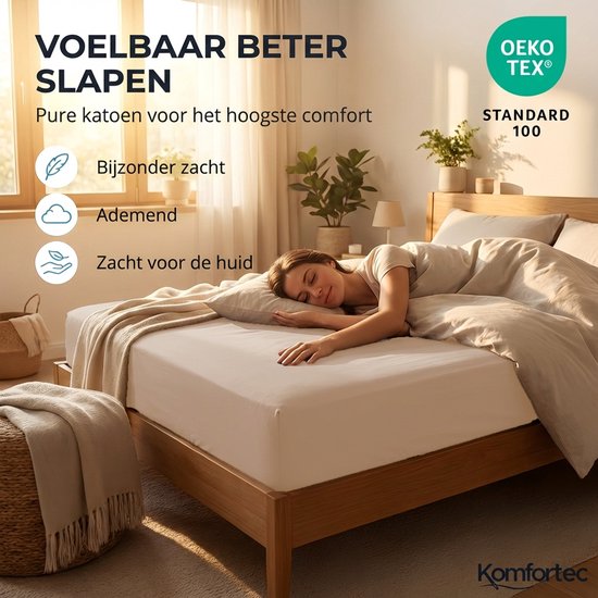 Vrouw slaapt in een bed met een lichtgrijs hoeslaken. Inzet toont vochtige stof met pijlen. Tekst: 'Bijzonder zacht', 'Ademend' en 'Zacht voor de huid'.