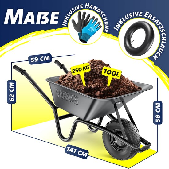 MASKO® Kruiwagen 100L met Luchtbanden max. 250kg laadvermogen inclusief Handschoenen van Merkloos	 — afbeelding 5