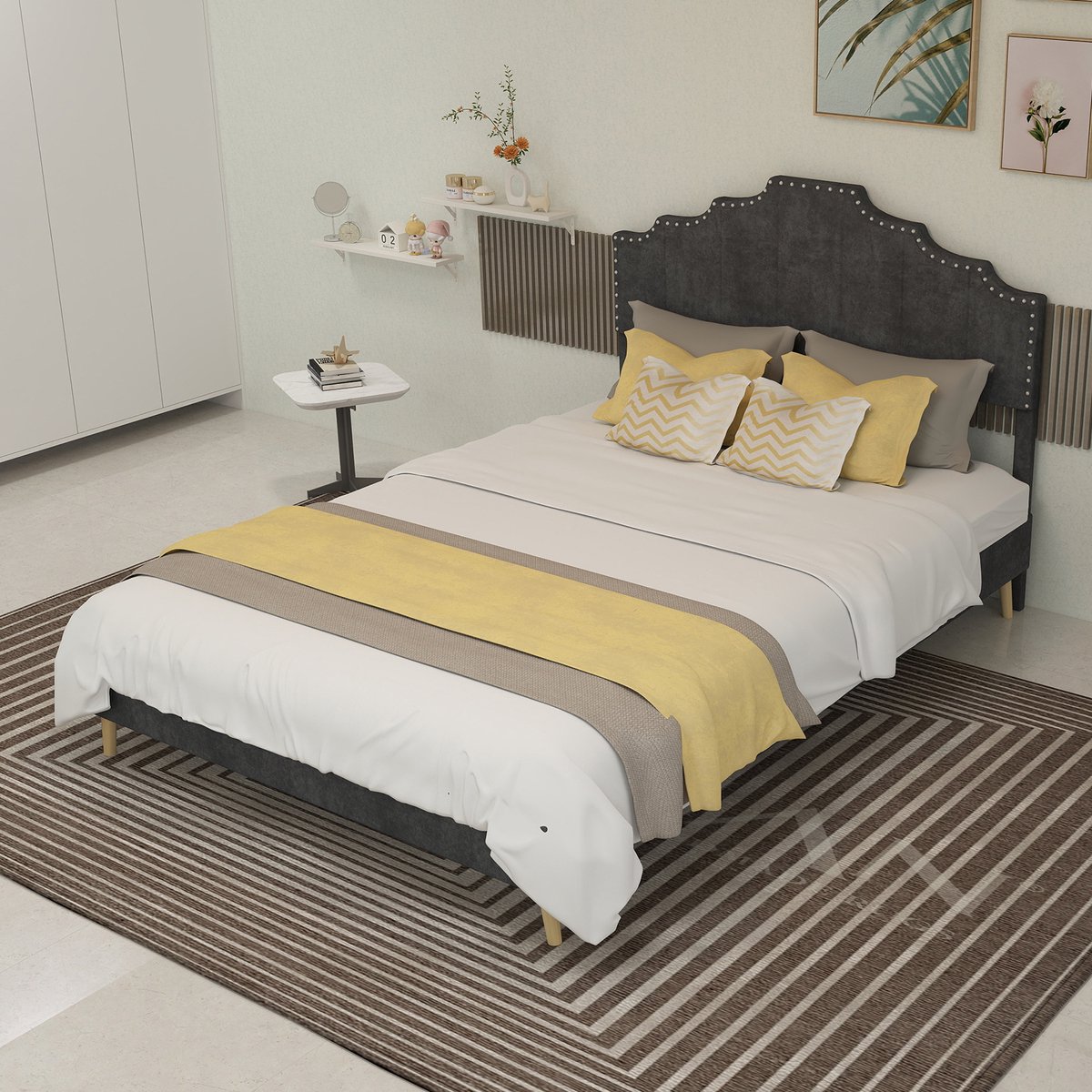 MODFU Bedframe 140x200 cm – Wollook met geometrisch design – Grijs