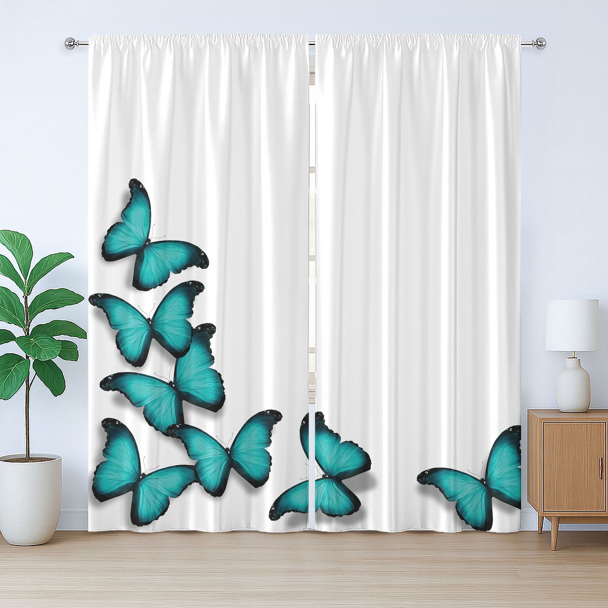 ABAKUHAUS Rustiek Lentegordijn, Zonnige Vlinders, Universele Gordijnen met Bandjes, Lussen en Haken voor de Woonkamer, 280 x 245 cm, Zwart Turkoois