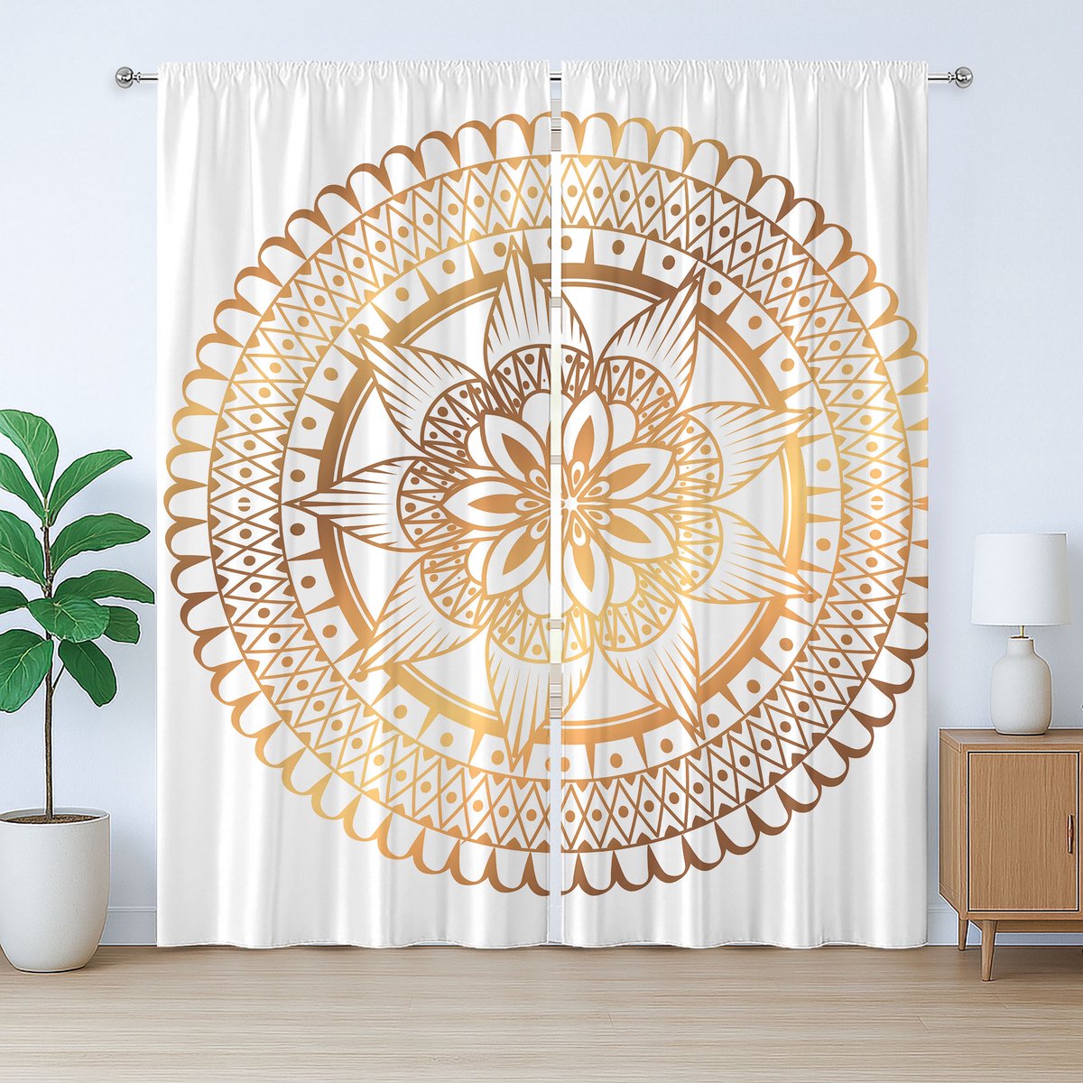 ABAKUHAUS Mandala Rustiek Gordijn, Rond Bloemen Art Therapy, met Bandjes en Lussen voor de Woonkamer, 280 x 225 cm, Gember en Lichtoranje