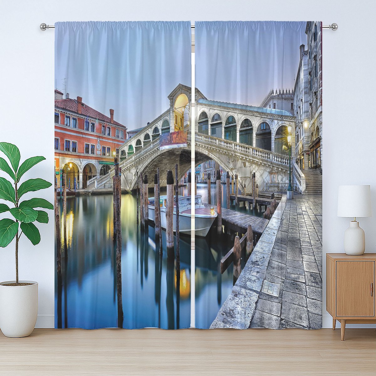 ABAKUHAUS Venetië Rustiek Gordijn, Ochtend Dageraad Stad, Slaapkamer Gordijn met Plooiing, Lussen en Haken, 280 x 175 cm, Grijsblauw Kaneel