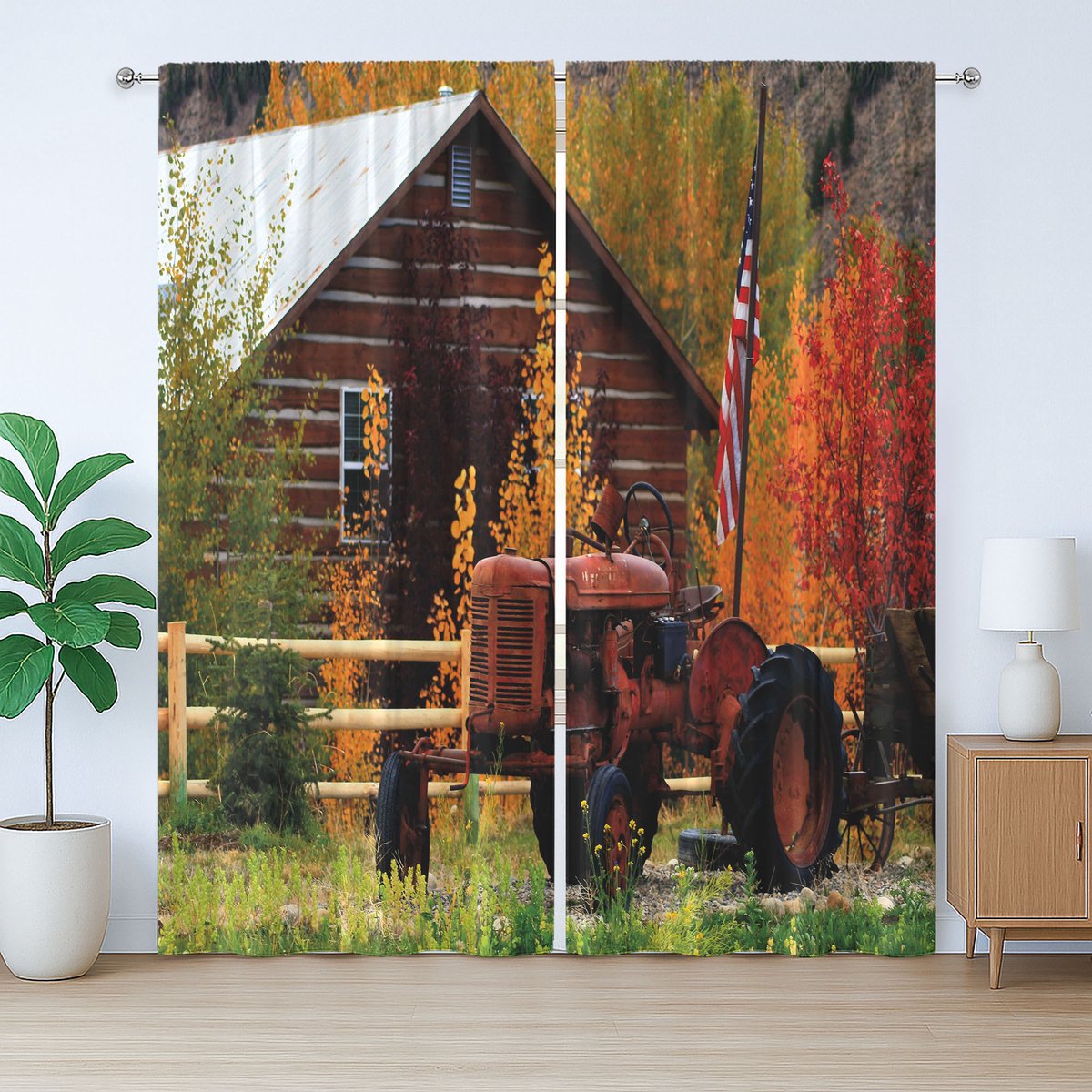 ABAKUHAUS Rustiek Gordijn, Rustieke Hut met Tractor, Slaapkamergordijn met Plooiing, Lussen en Haken, 280 x 175 cm, Meerkleurig