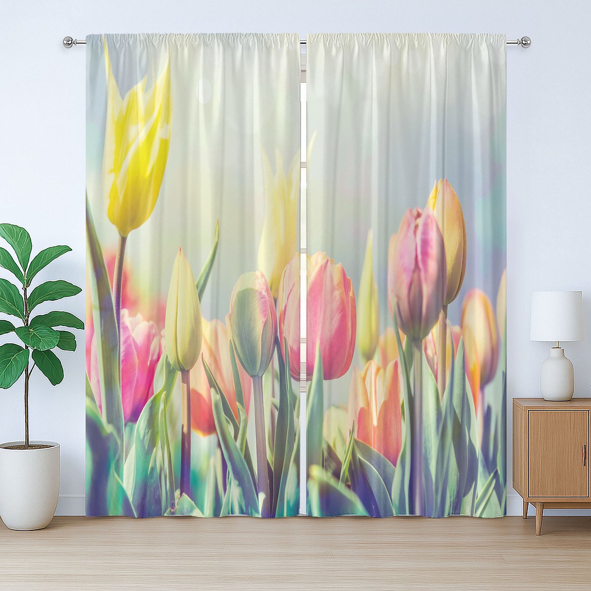 ABAKUHAUS Pastel Rustiek Gordijn, Tulpenbloemenperk Park, Slaapkamergordijn met plooien en haken, 280 x 245 cm, Babyblauw Meerkleurig