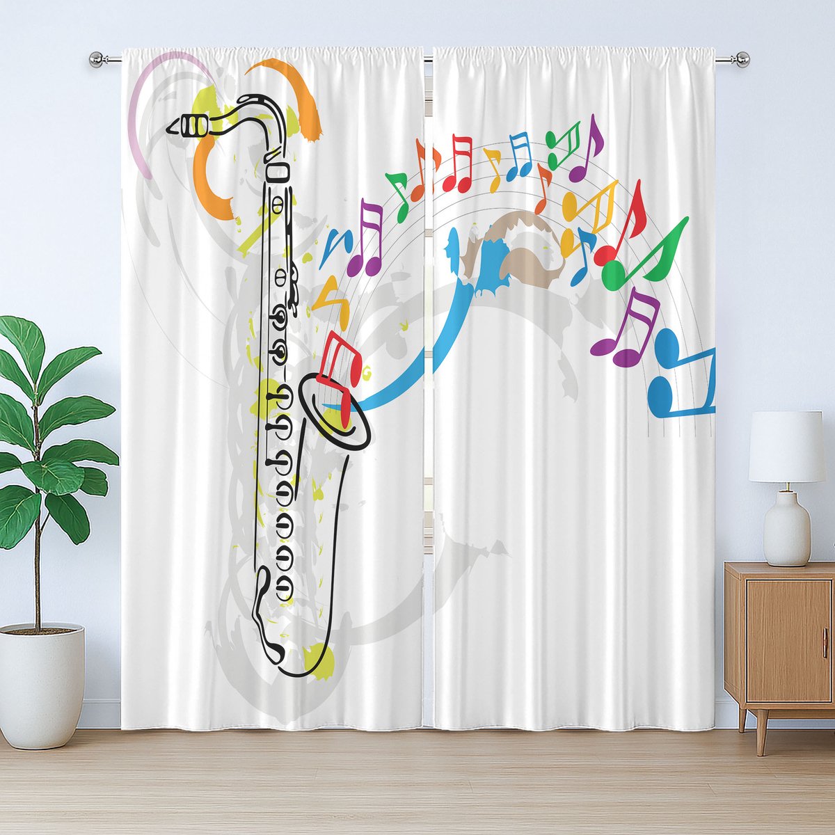 ABAKUHAUS Jazzmuziek Rustiek Gordijn, Festival Muzieknoten, Slaapkamergordijn met Plooiing, Lusjes en Haken, 280 x 175 cm, Oranje Groen Rood