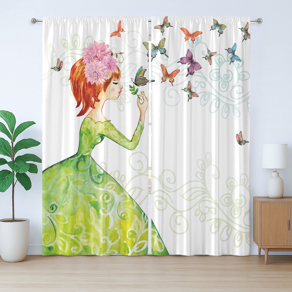 ABAKUHAUS Rustiek gordijn met vlinders, cartoon dame in pastelkleuren, met lussen en haken voor de woonkamer, 280 x 260 cm, oranje, groen en roze