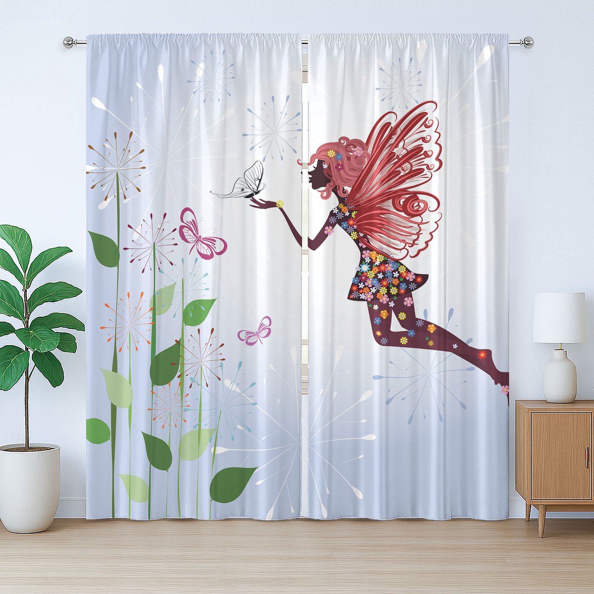 ABAKUHAUS Rustiek gordijn met vlindermotief, feeënmotief met vlindervleugels, slaapkamergordijn met plooien en haken, 280 x 225 cm, meerkleurig