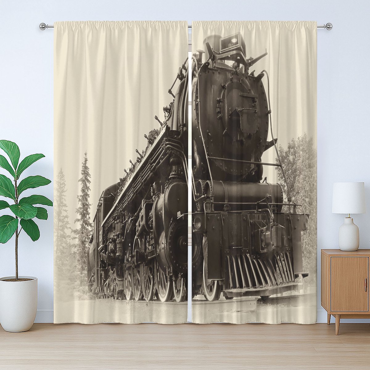 ABAKUHAUS Stoomlocomotief Rustiek Gordijn, Antieke Trein Kunst, met Bandjes voor de Woonkamer met Lussen en Haken, 280 x 245 cm, Zwart Grijs