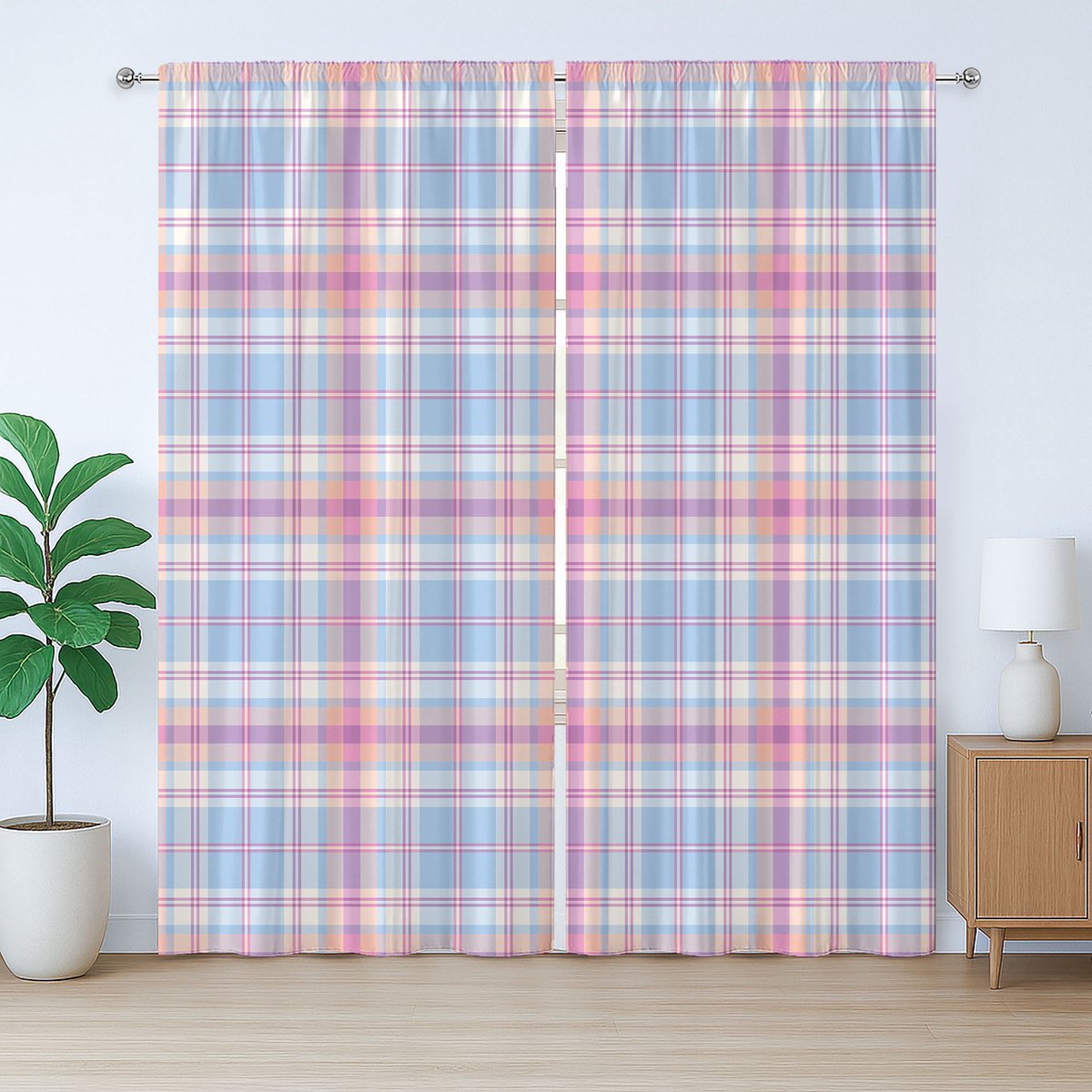 ABAKUHAUS Pastel Rustiek Gordijn, Vintage Geruit Patroon, met Bandjes voor de Woonkamer met Lussen en Haken, 280 x 225 cm, Lichtblauw Fuchsia Zalm