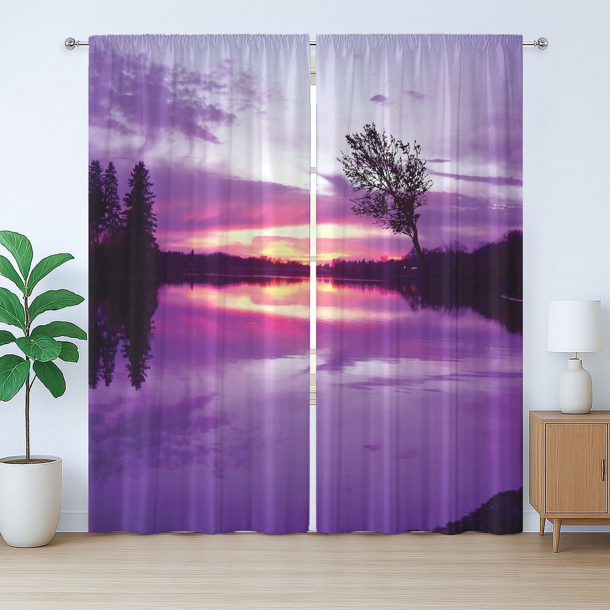 ABAKUHAUS Rustiek Landschap Gordijn, Lila Schaduwen, met Bandjes voor Woonkamer met Lussen en Haken, 280 x 245 cm, Lavendel Zwart
