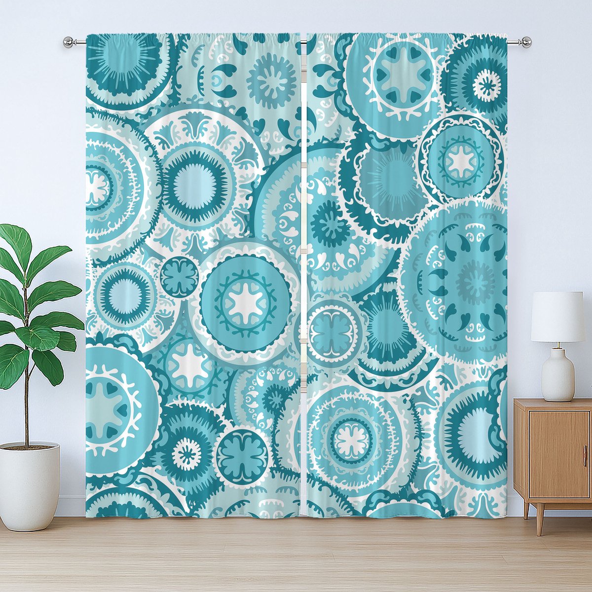 ABAKUHAUS Rustiek watergordijn, Mandala rond, slaapkamergordijn met plooien, lussen en haken, 280 x 225 cm, turquoise, groenblauw, wit