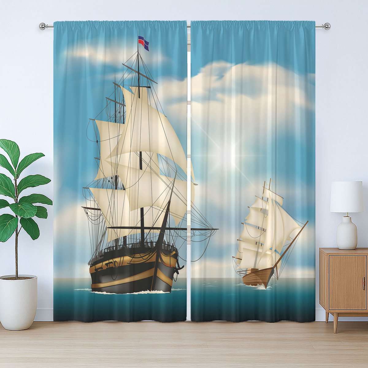 ABAKUHAUS Vintage Boot Rustiek Gordijn, Antiek Scheepsmotief Marine, Slaapkamergordijn met Plooiing, Lussen en Haken, 280 x 175 cm, Multicolor