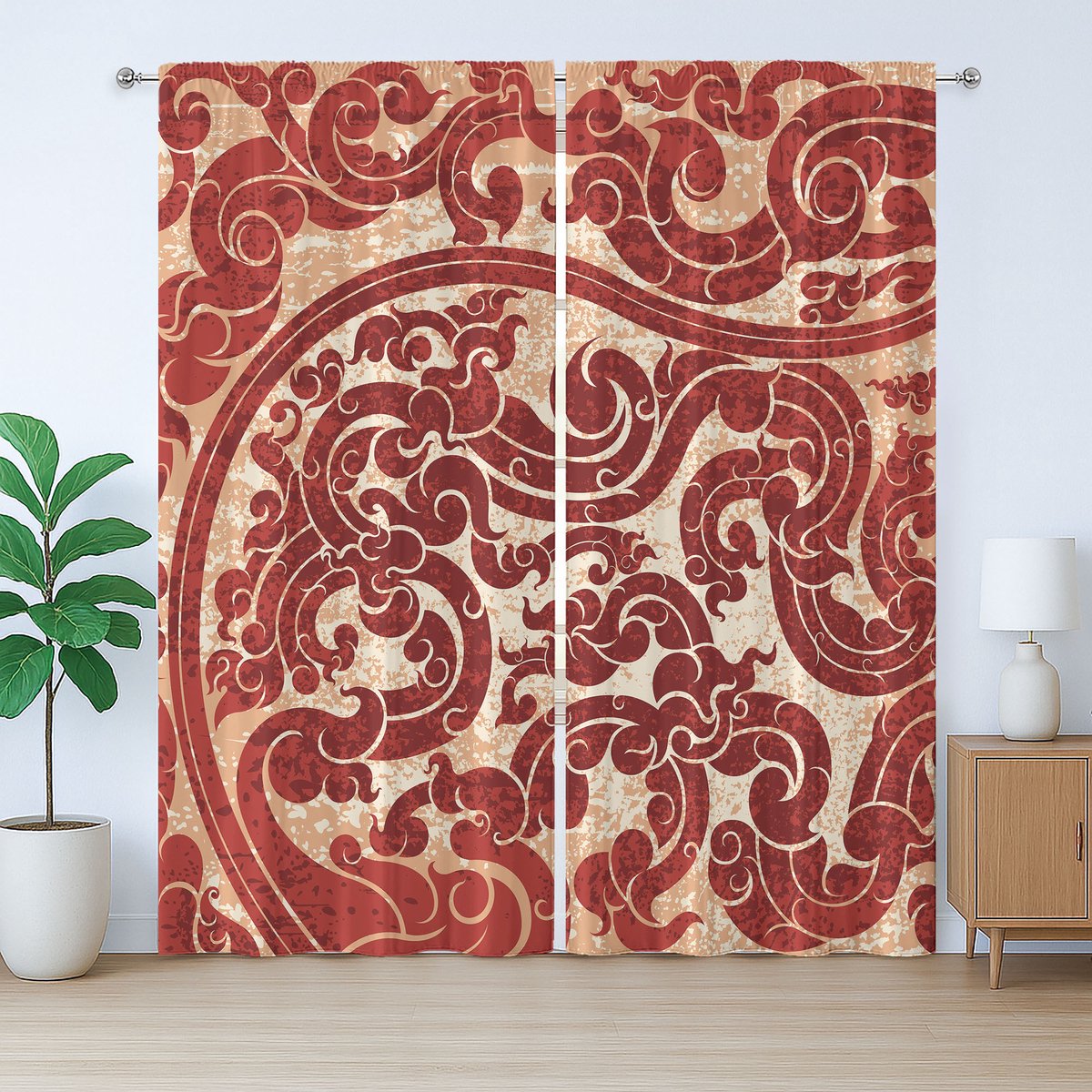 ABAKUHAUS Antiek Rustiek Gordijn, Vector Thaise Cultuur, Universele Gordijnen met Bandjes, Lussen en Haken voor de Woonkamer, 280 x 260 cm, Ruby