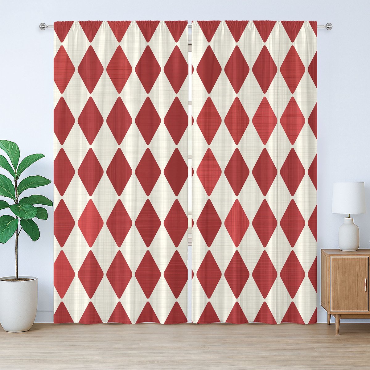 ABAKUHAUS Circus Rustiek Gordijn, Vintage Harlekijn Design, met Bandjes, Lussen en Haken voor de Woonkamer, 280 x 175 cm, Vermiljoen en Ivoor
