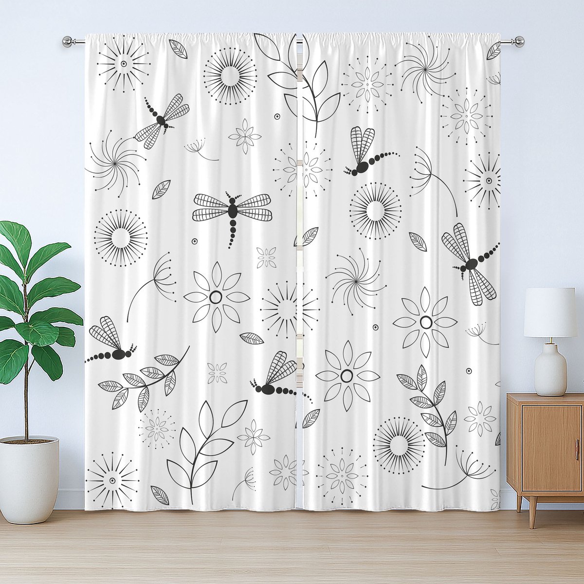 ABAKUHAUS Schetsmatig rustiek gordijn, libellenbloemen, met lussen en haken voor de woonkamer, 280 x 175 cm, wit zwart