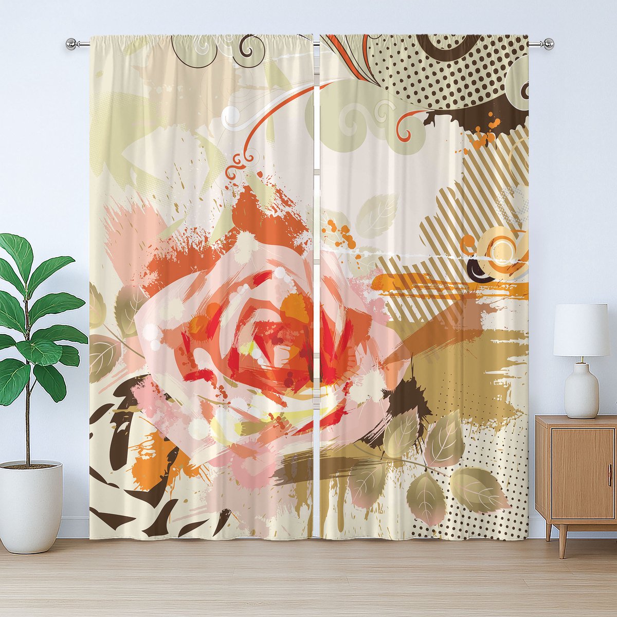 ABAKUHAUS Roze Rustiek Gordijn, Abstracte Grunge, Geplooid Gordijn met Lussen en Haken voor de Slaapkamer, 280 x 245 cm, Khaki Oranje Roze