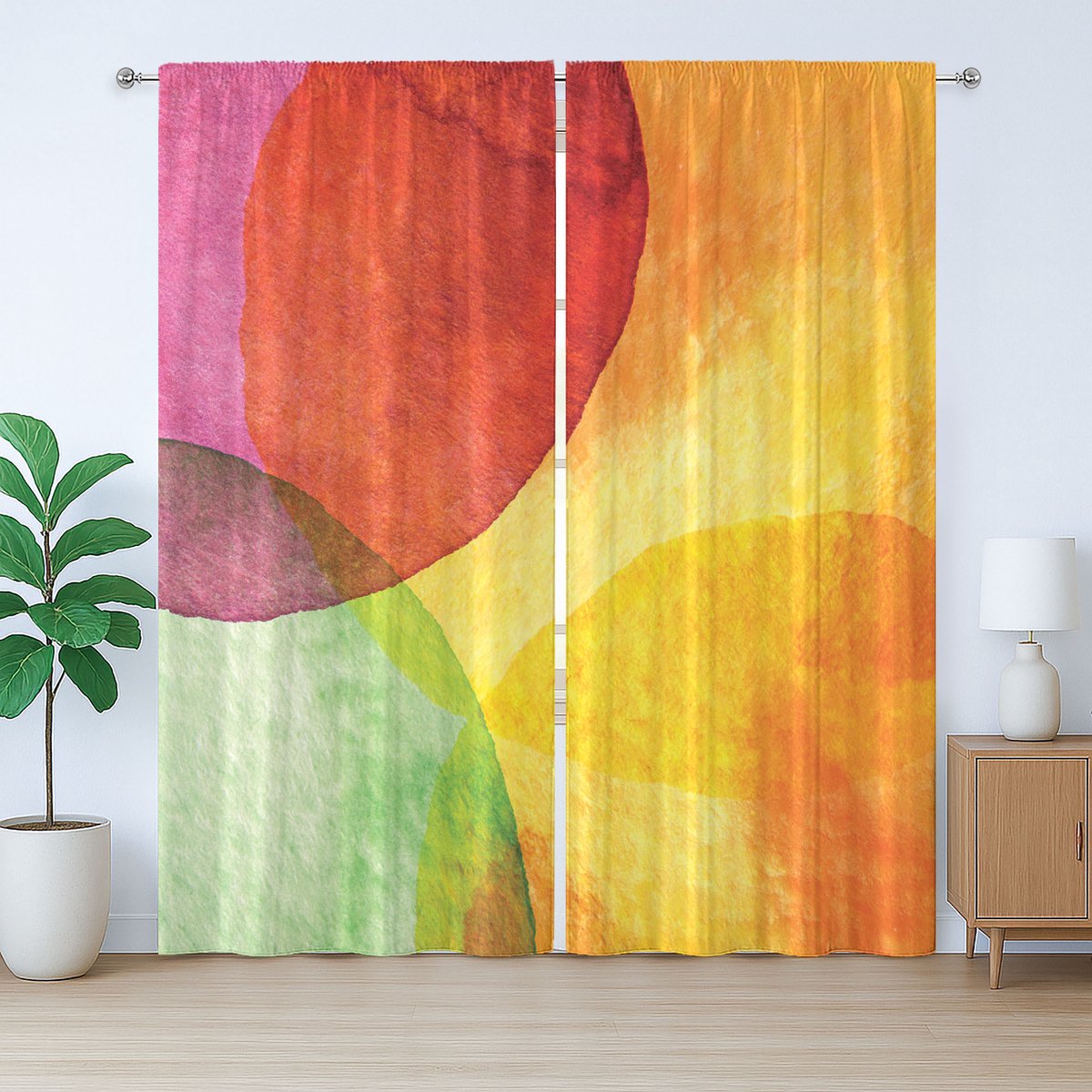 ABAKUHAUS Abstracte rustieke gordijnen, aquarel moderne kunst, met lussen en haken voor de woonkamer, 280 x 175 cm, geel oranje limoengroen