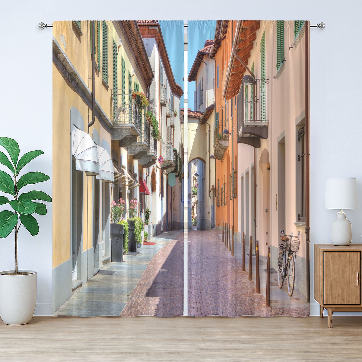 ABAKUHAUS Rustiek stadsgordijn, Alba, Italië, slaapkamergordijn met lussen en haken, 280 x 175 cm, wit, blauw, oranje